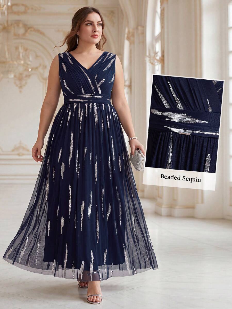 EVERPRETTY Autumn Plus Size Elegant Luxury Sequin Embroidered Formal Evening Gown Suitable For Wedding Guest Bride Mother Party Semi-Formal Occasions - Navy Blue - View 1