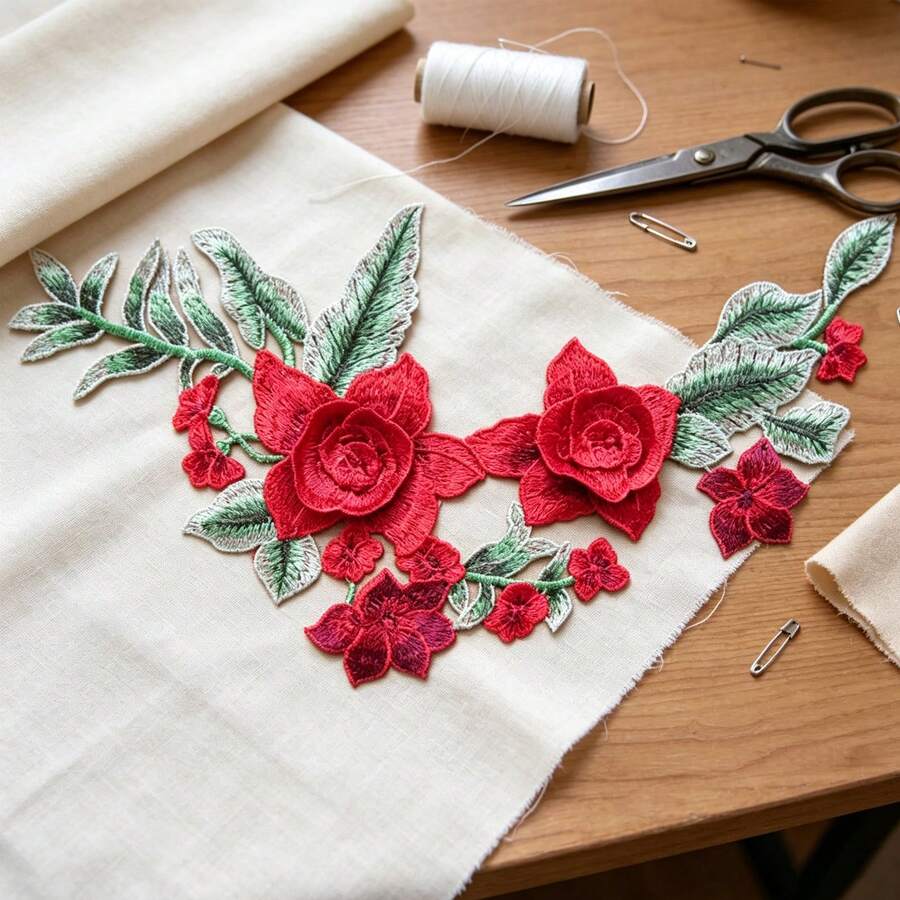 1件裝花卉刺繡縫製貼布,DIY服飾牛仔褲夾克包包服裝裝飾貼花 - C 紅色 - 查看 1