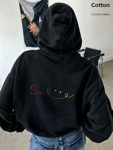 Oversized Women's Sweatshirt For Autumn/Winter, Long-Sleeve Hoodie With Pockets, Casual Top, Y2K Style, Daily Letter Graphic Print, Unisex, Black - Black - View 1