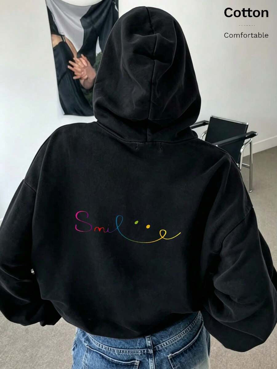 Oversized Women's Sweatshirt For Autumn/Winter, Long-Sleeve Hoodie With Pockets, Casual Top, Y2K Style, Daily Letter Graphic Print, Unisex, Black - Black - View 1