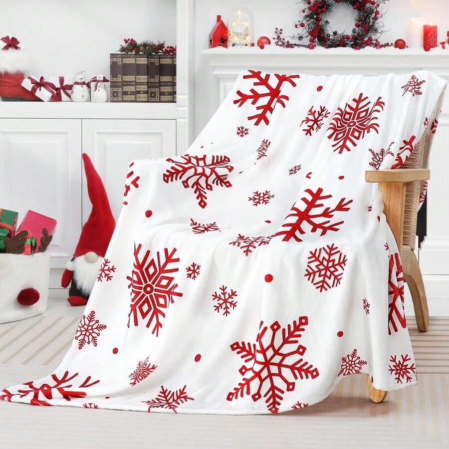 Christmas Snowflake Print Fleece Blanket, Holiday Theme Home Decor, Soft Warm Comfortable, Suitable For Winter Bedding, Sofa Throw And Gift - Multicolor - View 1