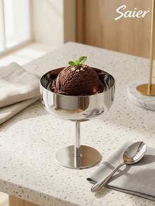 INS Style Premium Silver Stainless Steel Dessert Cup With Spoon Set, High Foot Ice Cream Cup/Yogurt Bowl, Stackable For Easy Storage, Afternoon Tea Atmosphere Tableware - Multicolor - View 7
