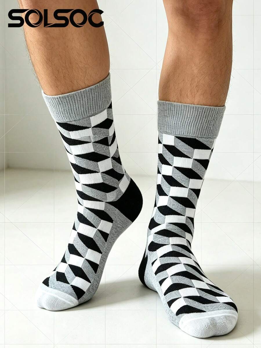 1/3/6 Pairs Men's Retro Geometric Argyle Mid-Calf Socks, Soft Breathable Classic Color Block Design Dress Socks, Suitable For Daily Casual Wear And Office - Multicolor - View 1