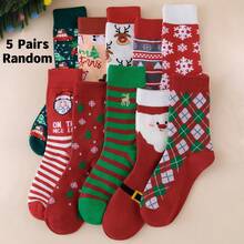 5 Pares de Meias de Natal Femininas Aleatórias de Outono/Inverno com Flocos de Neve, Renas, Papai Noel e Desenhos Animados de Casal até a Panturrilha - Multicolorido - Visão 6