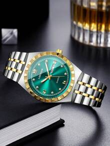Men's Premium Gold-Tone Alloy Band Watch, Roman Numeral Rhinestone Dial With Date Display, Business Casual Versatile Quartz Wristwatch (1pc/Set) Watch Box Not Included - Multicolor - View 6