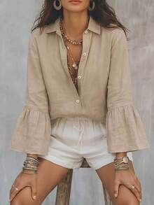Solid Color Collared Button-Up Shirt, Loose Short Flare Ruffle Long Sleeve Women's Blouse, Back Pleated Design, Drapey Breathable Flattering Slimming, Versatile Commute Basic Style; Autumn Daily Wear, Suitable For Office, Date, Campus, Travel, Party, Perfect For Valentine's Day, Back To School, Thanksgiving, Elegant Minimalist Women's Clothing, Multiple Colors Available - Apricot - View 8