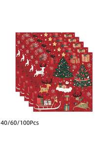 100PCS/Set Christmas Tree Print Napkins, Festive Red Print Napkins With Christmas Tree And Reindeer Pattern, Perfect For Christmas Holiday Party Table Decor, Hotel Table Decor, Restaurant Holiday Party, Home Table Decor, Christmas Oil Painting Style - Multicolor - View 6