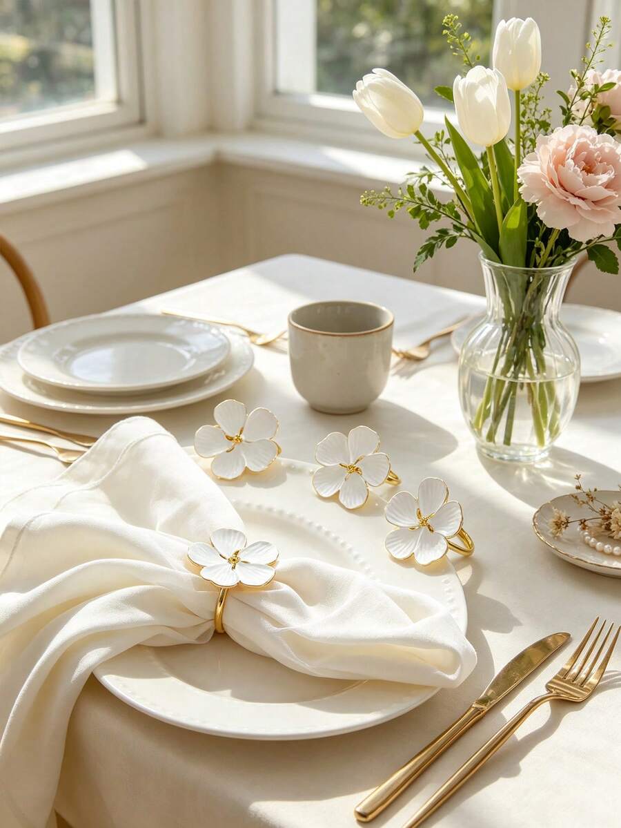 1-8pcs French White Flower Napkin Rings, Premium Metal Napkin Buckles For Wedding, Birthday Banquet Table Decor, Suitable For Home Decor, Party Decor, Holidays, Parties, Gatherings, Birthdays, Gifts, Dinner, Outdoor - Multicolor - View 1