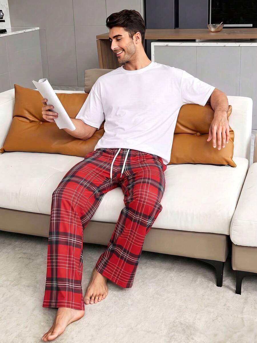 男士夏季圓領休閒T恤與休閒長褲家居服套裝 - 白色 - 查看 1