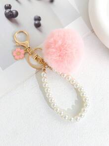 Furry Pom‑Pom Pearl Wrist Strap Keychain, Cute Enamel Flower Charm Keyring, Soft Plush Ball Handbag Ornament Decoration Gift For Ladies - Multicolor - View 3