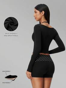 MFVIM Women's 2 Pieces Yoga Set, Vintage 2 In 1 Camisole Top / Folded High Waist Slimming 3/4 Shorts Anti-Exposure - Black With White Polka Dots - View 4
