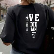 Urban Utility Cotton T‑Shirt, Edgy Vertical Fraction Number Letter Mix Back Graphic, Casual For Date Weekend Holiday Looks - Black - View 2
