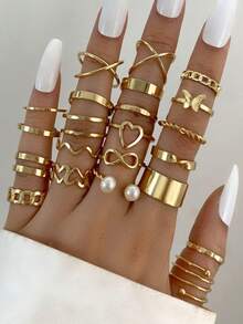 22pcs Women's Gold Geometric Asymmetrical Fashion New Style Ring Set, Daily Wear - Yellow Gold - View 3