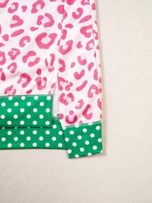 Acelitt Crew Neck Pink Leopard Print Polka Dot Contrast Trim Drop Shoulder Loose Fit Sweatshirt - Pink - View 8
