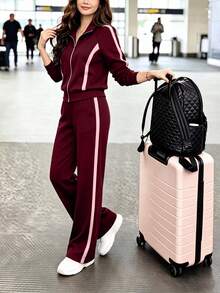 Comfortable Black 2 Pieces Sports Set, Women's, Zip-Up Top With Drawstring Pants, Slightly Elastic Fabric - Burgundy - View 2