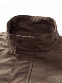 Vancamel Pulse Men's Solid Color Stand Collar Zip-Up Utility Outdoor Sports Jacket, Loose Drop Shoulder Large Pockets Lightweight Casual Short Jacket - Brown - View 4