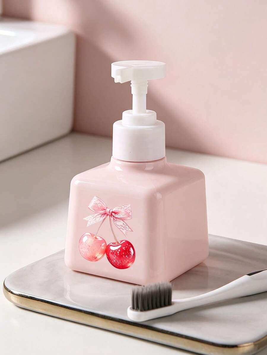 Cherry Pattern Press Type Pump Head Distributor, Foam Press Bottle Square, Thick Wall Lotion Bottle, Refillable Hand Sanitizer Distributor, Large Capacity Lotion Distribution Bottle, Equipped With Press Pump, Suitable For Bathroom Washstand, Hotel, - Multicolor - View 1