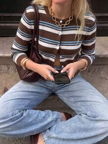 Live To Mo Women Y2K Retro Striped Cropped Cardigan,Color‑Block Fitted Waist Revealing Long Sleeve Knit Top For Fall Back To School, Date & Daily Wear - Brown and White Stripes - View 5