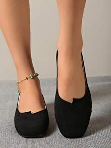 Women Vintage Black Suede Square Toe Flats Simple Splicing Slip‑On Soft Sole Lightweight Comfortable Shoes For Work Daily Walking - Black - View 3