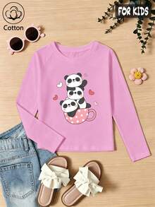 Girls Cotton Raglan Long Sleeve Tee, Autumn Winter, Cartoon Cute Panda Cup Print, Sweet Preppy Style - Light Wine Red - View 3