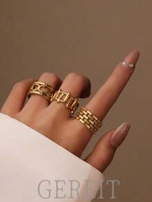 GEREIT 3pcs 18K Stainless Steel Hollow Circle Open Ring Set, Fashionable Daily Wear Jewelry, Mother's Day Gift For Women - Gold - View 1