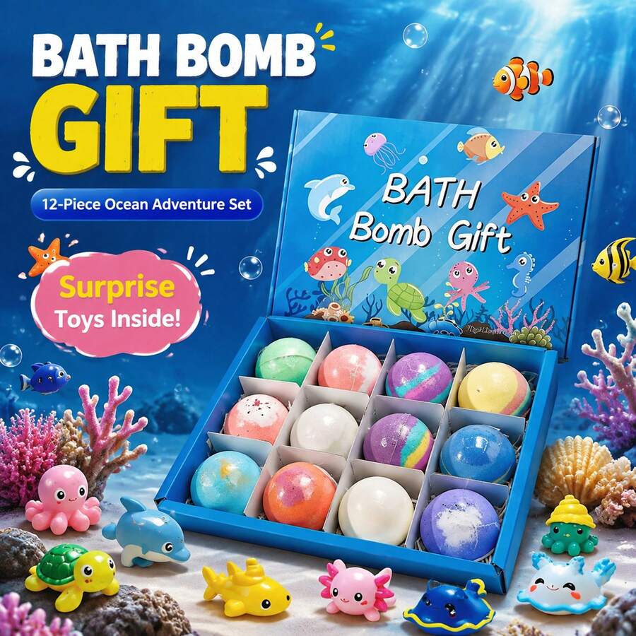 12pcs Ocean Theme Bath Bomb Gift Set, Kids Surprise Fragrant Bubble Bath, 12 Different Scent Experiences, Gentle Cleansing Bathing Agent - 12 Fragrances - View 1
