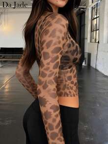 Da Jade Women French Long Sleeve Mesh Leopard Print Crop Top Round Neck Slim See Through For Daily Commute Club Night Cocktail Holiday Vintage Party Outfit - Brown - View 3
