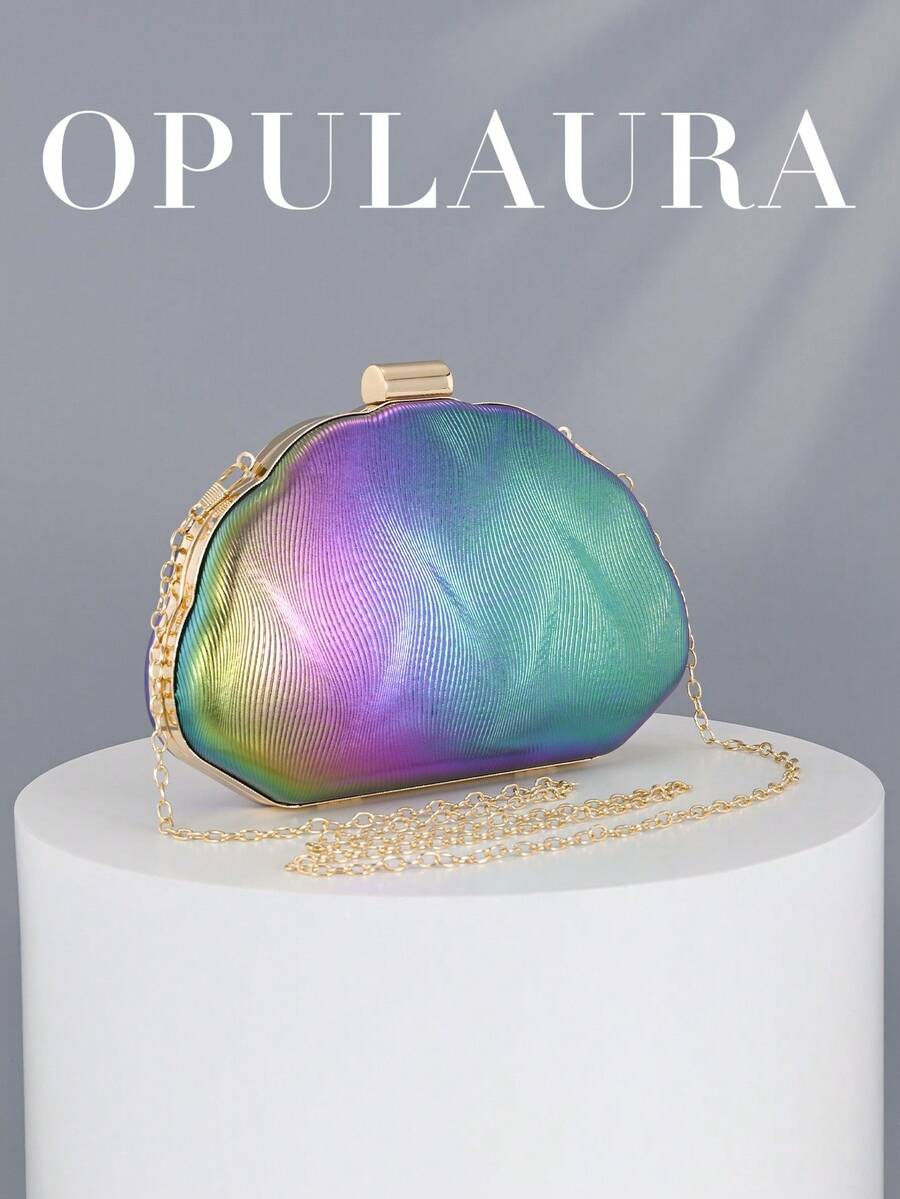 OpulAura 女款極簡貝殼盒形奢華 PU 皮革晚宴手拿包,優雅迷人的晚裝包,閃亮夜色正式派對手拿包,附鏈條浪漫婚禮手提包 - 綠色 - 查看 1