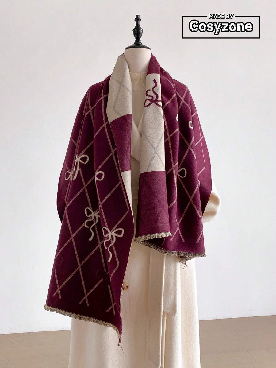 1pc Faux Cashmere Elegant Design Rhombus Grid Bowknot Pattern Jacquard Warm Scarf For Women, Air Conditioning Room Blanket, Autumn/Winter Outdoor Travel Cold Protection Neck Warmer, Soft Decorative Scarf Shawl Dual-Use, Suitable For Daily Matching, Top Gift Choice - Burgundy - View 1
