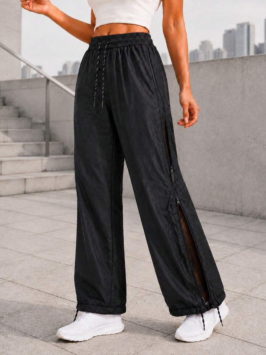 Women's High Waist Drawstring Wide Leg Training Pants With Side Zip Mesh Panels And Adjustable Hems For Gym Workout - Black - View 1