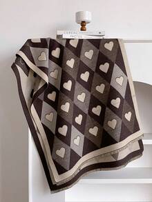 1pc Faux Cashmere Elegant Rhombus & Heart Pattern Jacquard Warm Scarf For Women, Air Conditioning Room Blanket, Autumn/Winter Outdoor Travel Cold Protection Neck Warmer, Soft Decorative Scarf Shawl Dual-Use, Suitable For Daily Matching, First Choice For Gift Giving - Chocolate Brown - View 2