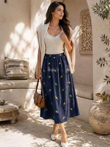 Spring/Autumn Vintage Brown Embroidered Skirt, Half-Length Embroidered Knee-Length Long Skirt, School Skirt, Fall, Vintage Old Money Skirt, Halloween & Christmas Skirt - Navy Blue - View 1