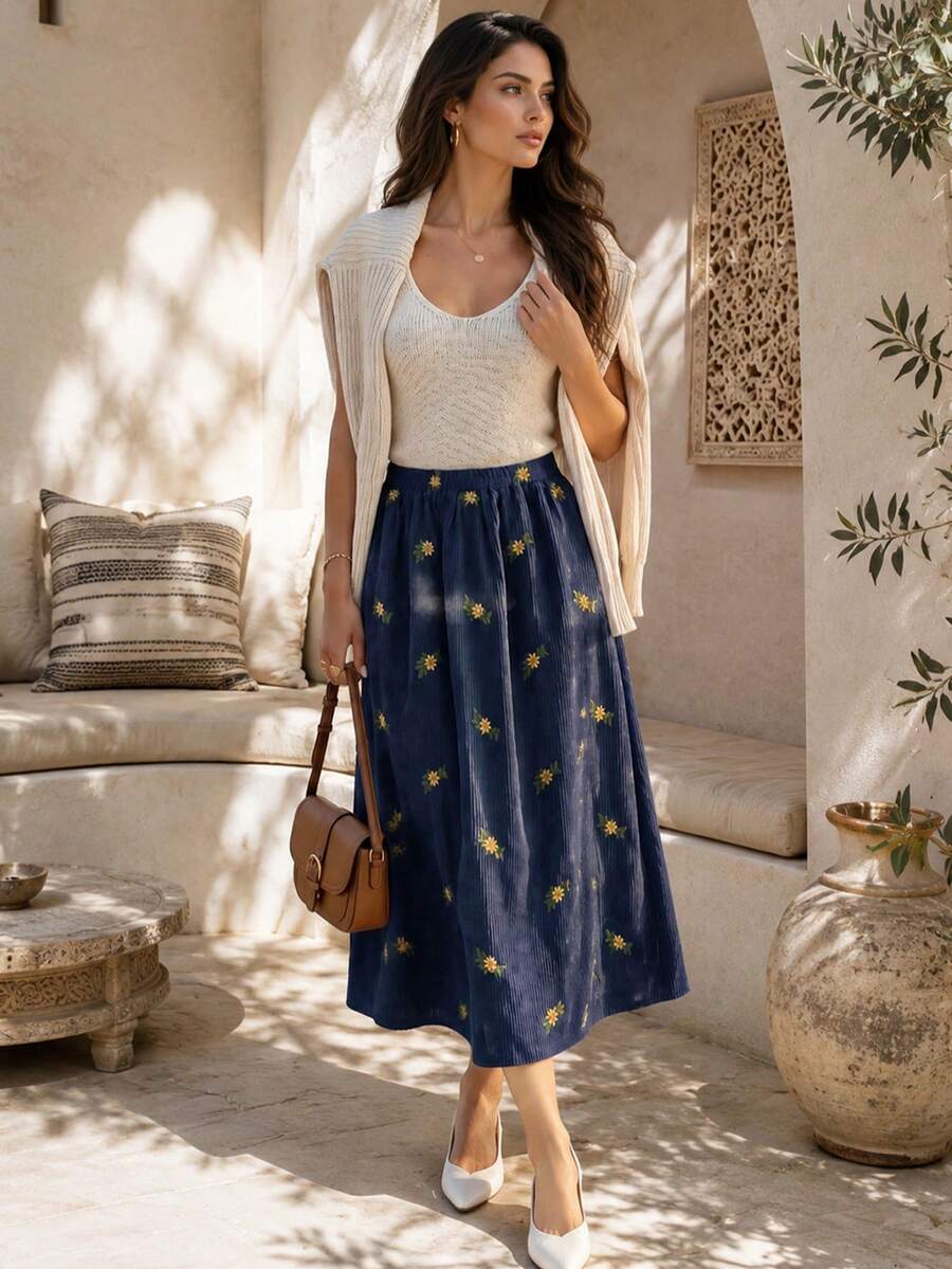 Spring/Autumn Vintage Brown Embroidered Skirt, Half-Length Embroidered Knee-Length Long Skirt, School Skirt, Fall, Vintage Old Money Skirt, Halloween & Christmas Skirt - Navy Blue - View 1