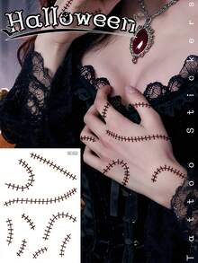 1 Sheet Halloween Temporary Tattoo Sticker, Non‑Reflective Realistic Stitch Suture Line Fake Tattoo, Waterproof Face Hand & Body Art Sticker For Women Gothic Cosplay Party Makeup - Multicolor - View 1