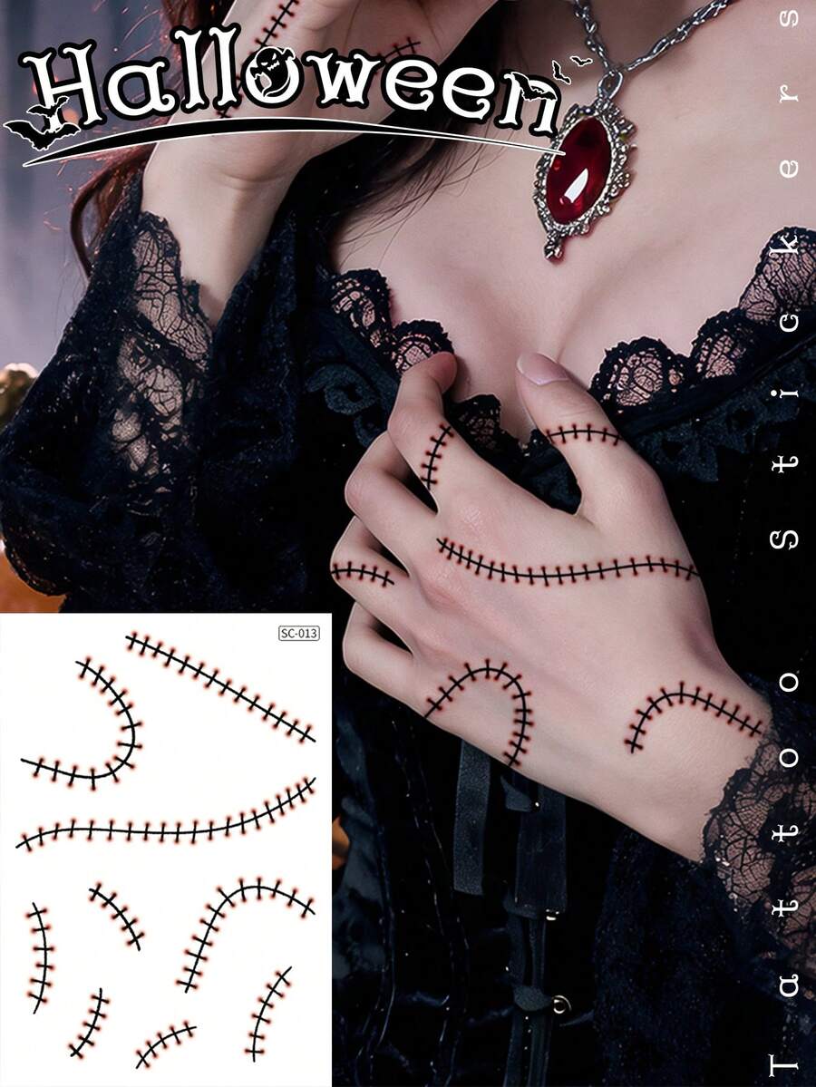 1 Sheet Halloween Temporary Tattoo Sticker, Non‑Reflective Realistic Stitch Suture Line Fake Tattoo, Waterproof Face Hand & Body Art Sticker For Women Gothic Cosplay Party Makeup - Multicolor - View 1