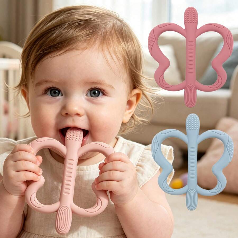 1pc Silicone Baby Butterfly Teether, Multiple Textures To Relieve Baby Teething Discomfort, Teething Stick Design Easy For Baby's Small Hands To Grip, One-Piece Design With No Dead Corners Easy To Clean, Bright Colors And Soft Material Baby's Favorite Teething Toy