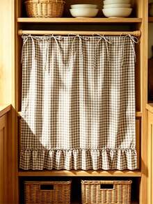1pc Green & White Plaid Short Curtain, Fresh Vintage Polyester Fiber Rectangular Tie-Up Pleated Lace Edge Dust-Proof Curtain Suitable For Kitchen Window, Oven, Cabinet, Daily Home Use, Spring/Summer, Back To School, School Supplies, Dorm Decor, College Decor - Brown - View 7