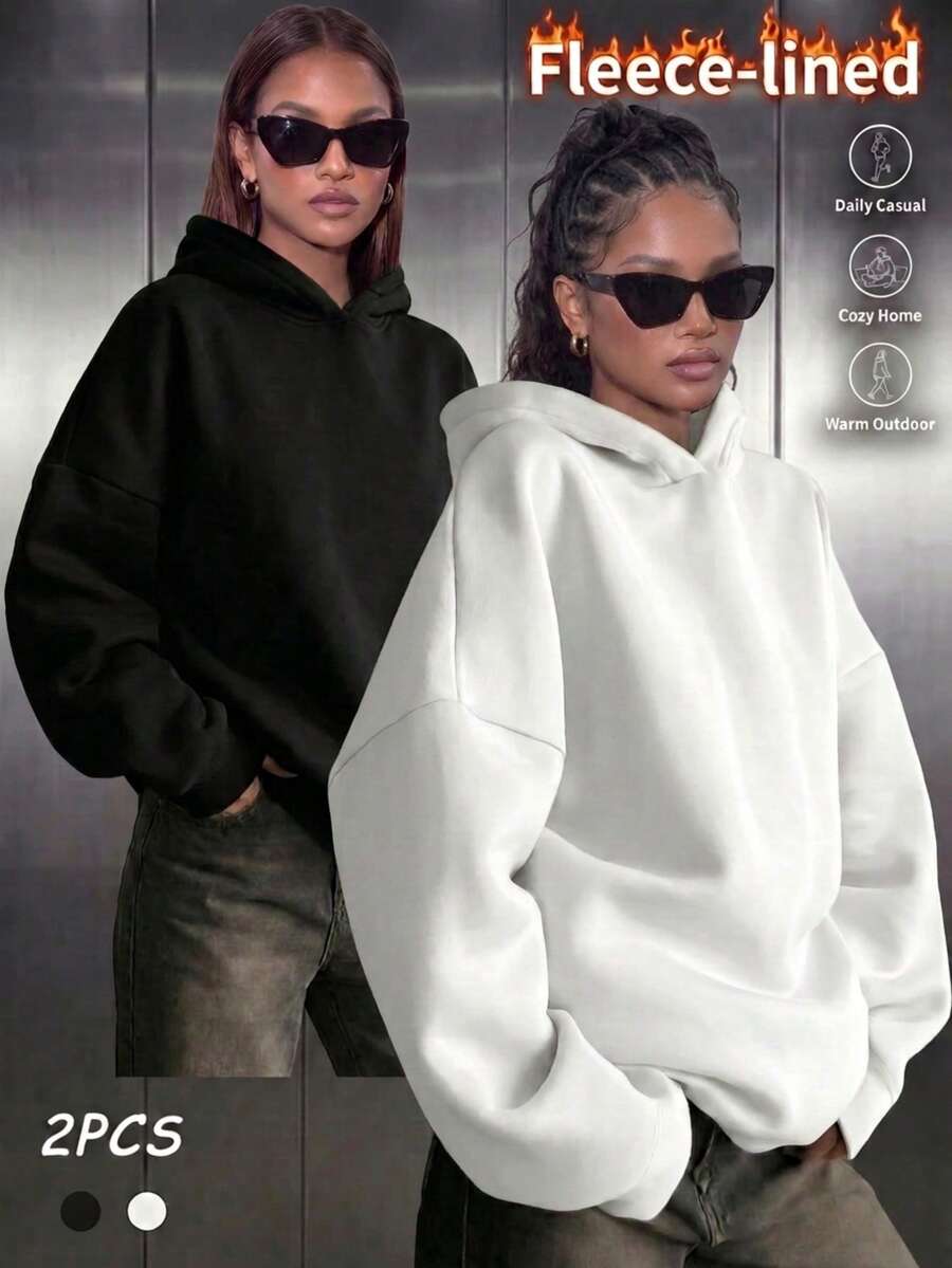 2pcs Women's Casual Solid Color Drop Shoulder Loose Hooded Sweatshirt, With Pockets, Winter & Autumn , Fleece Lining, Clean Cut, Winter Fall
