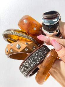 Vintage Amber Pattern Wide Cuff Bracelet Set, Rhinestone & Studded Patchwork Design Layered Bangles, Niche Accessory For Women - Multicolor - View 4