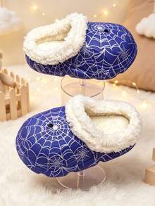 Boy's And Girl's Children's Spider-Web Pattern Fleece Slip-On Slip-On Shoes With Holes. Children's Warm Home Shoes, Suitable For Daily Use At Home. - Blue - View 6