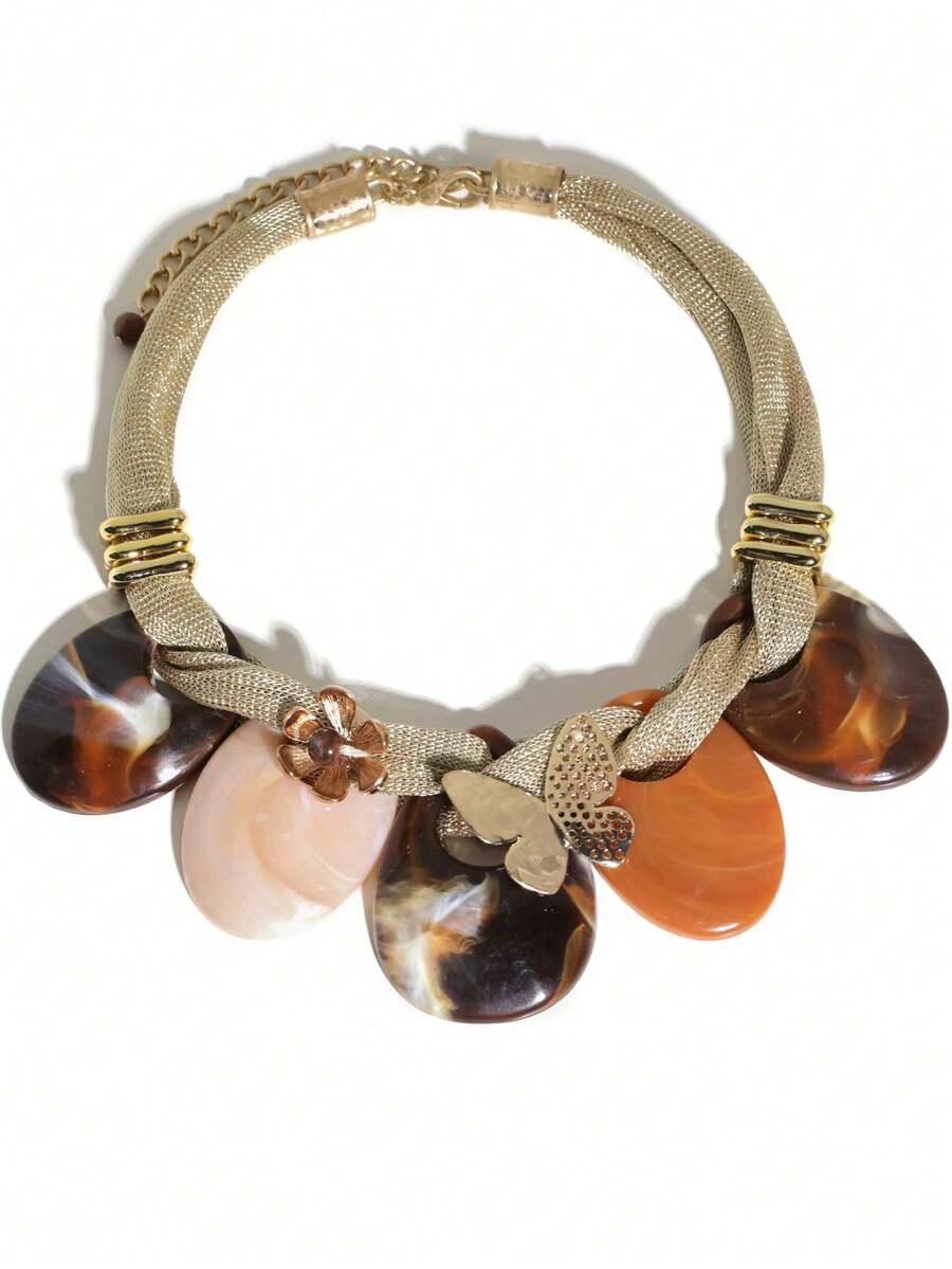 Vintage Brown Textured Necklace, Metal Butterfly & Flower Decor Choker Necklace, Minimalist Luxury Fashion Neck Chain - Brown - View 1