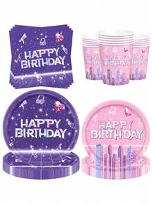 10pcs/20pcs/50pcs/80pcs Birthday Party Supplies, Pink & Purple Music City Theme Tableware Set, 7/9 Inch Paper Plates, 3.5 Inch Cups, 6.5 Inch Napkins, Happy Birthday Party Decorations, Party Tableware - Multicolor a - View 4