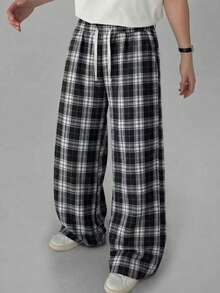Men's Black And White Plaid Loose Straight Leg Wide Leg Long Pants, Summer Thin Drawstring Elastic Waist Casual Pants For Home And Outdoor Wear - Black - View 2