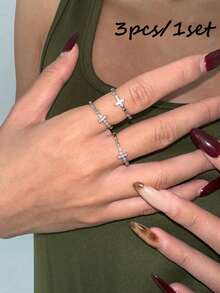 3pcs Women's Ring Set, Silver-Tone Copper Material, Cross Inlaid CZ Open Design, Simple Fashion Versatile Jewelry Suitable For Daily Wear, Gatherings And Parties - Silver - View 1