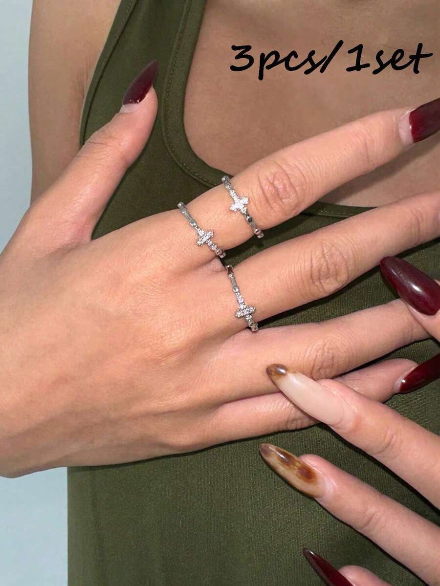 3pcs Women's Ring Set, Silver-Tone Copper Material, Cross Inlaid CZ Open Design, Simple Fashion Versatile Jewelry Suitable For Daily Wear, Gatherings And Parties - Silver - View 1