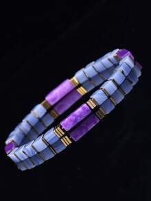 Natural Amethyst & Blue Lace Agate Square Beaded Bracelet - Anxiety,Inner Peace, Bohemian Stackable Crystal Jewelry Gift For Women Men Daily Wear - Multicolor - View 2