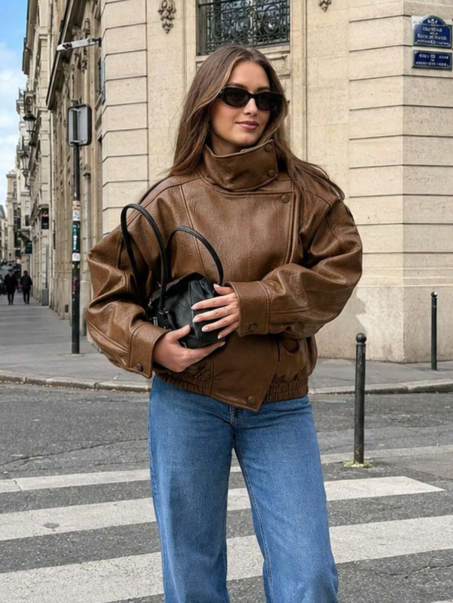 SHIBASHAN Women Oversized Faux Leather Jacket Fall Winter Y2k Motorcycle Bomber Coats