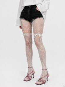 1 Pair Plus Size Women's White Floral Lace Over-The-Knee Socks, Satin Bow Decor Hollow Mesh Socks - Multicolor - View 5
