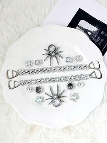 14pcs Gun Black Spider Dark Style Clog Shoe Charms, Rhinestone Star Flower DIY Alloy Shoe Buckle Set - Silver - View 4