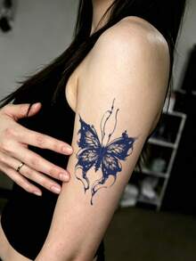 8 Pcs Blue Ink Floral Butterfly Temporary Tattoo Stickers, Sketch Rose & Gothic Butterfly Mixed Designs, Waterproof Body Art Decals For Ladies, Apply On Forearm, Waist, Shoulder, Hand, Vintage Cool Elegant Daily Decor - Black - View 10